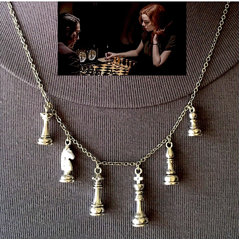 “Queen's Gambit" Chess Master Handmade Necklace, King Queen Knight Bishop Pawn